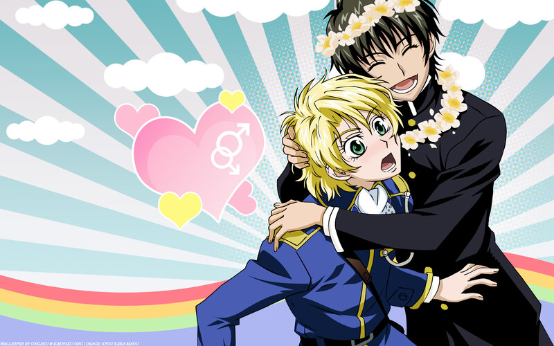 Anime couple embrace with hearts