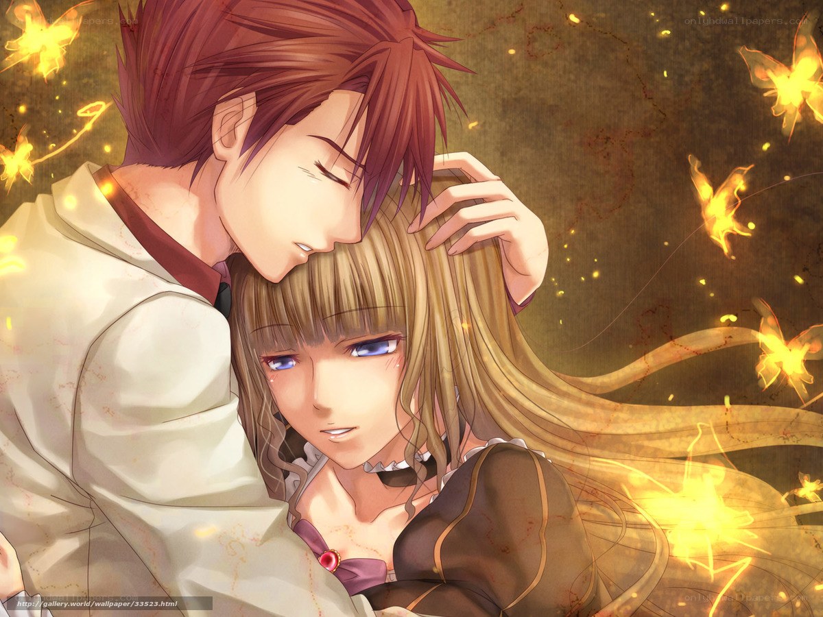 anime couple embrace