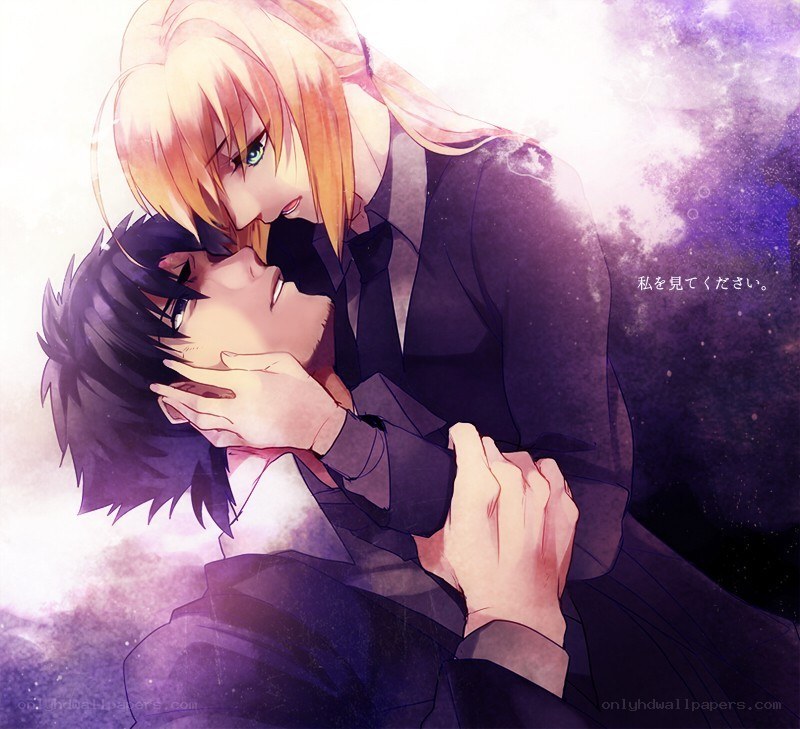 anime couple embracing