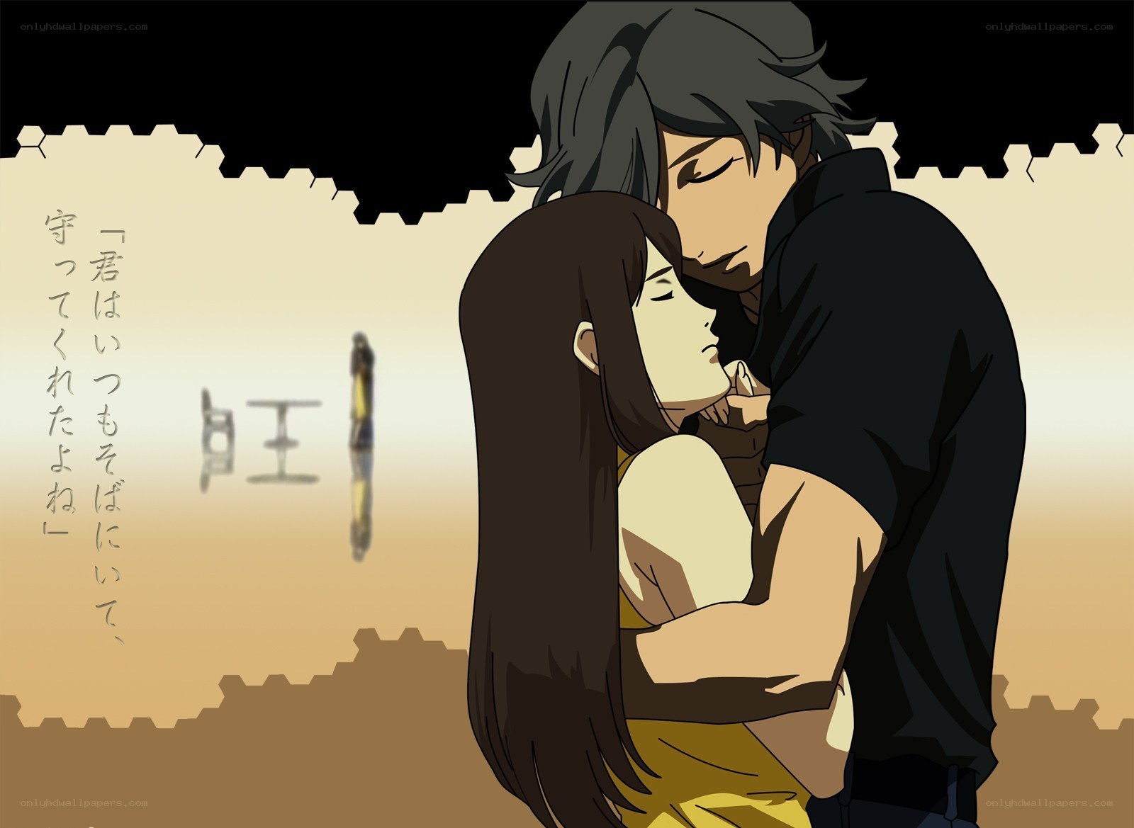 anime couple embracing