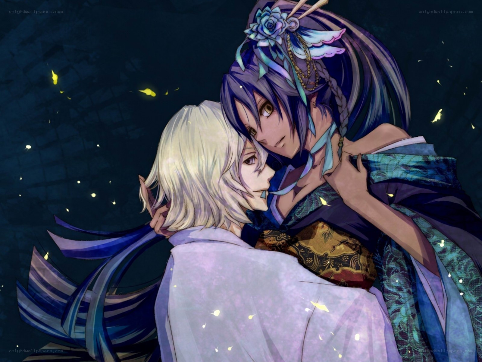 anime couple embracing at night