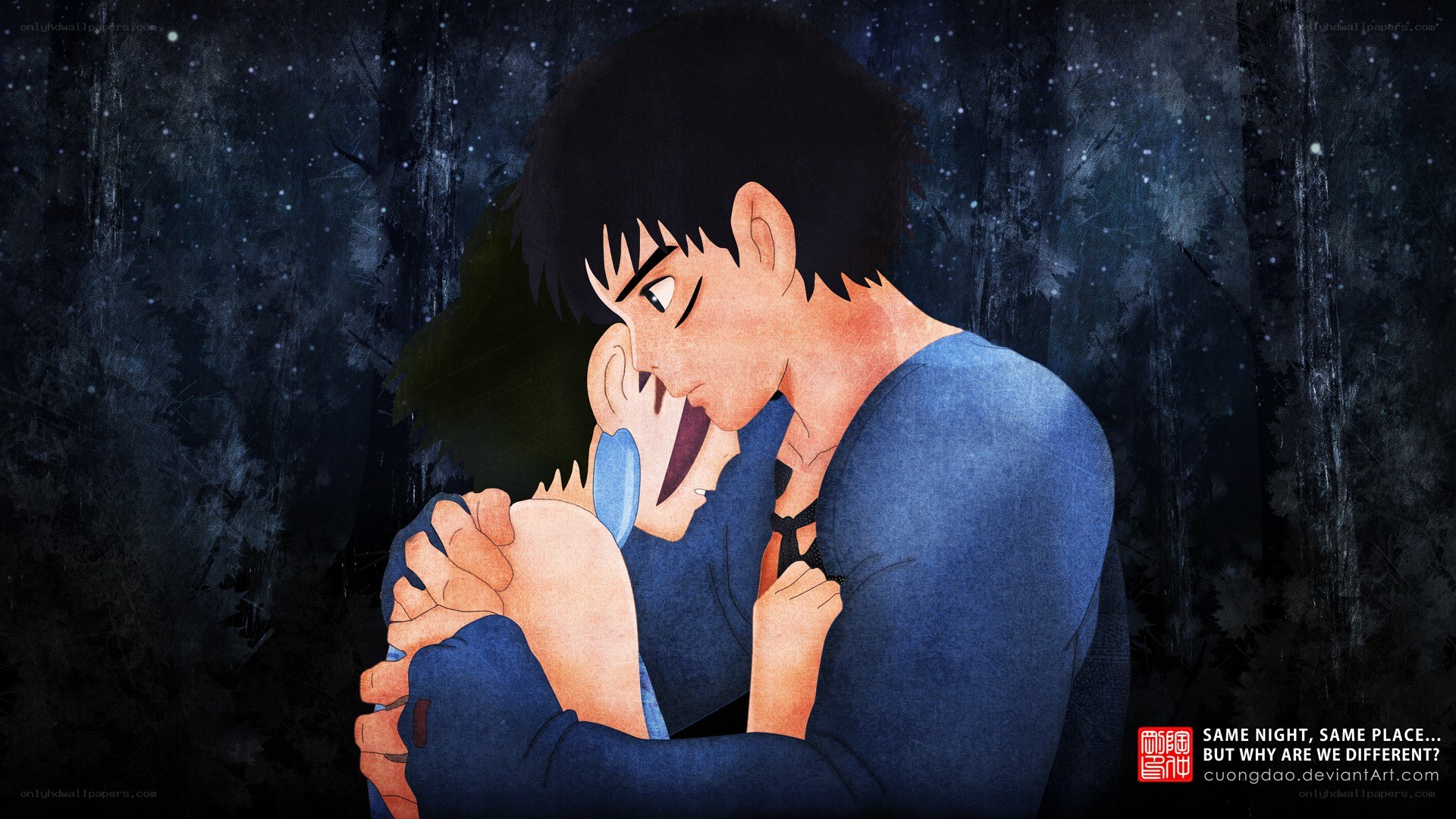 anime couple embracing at night