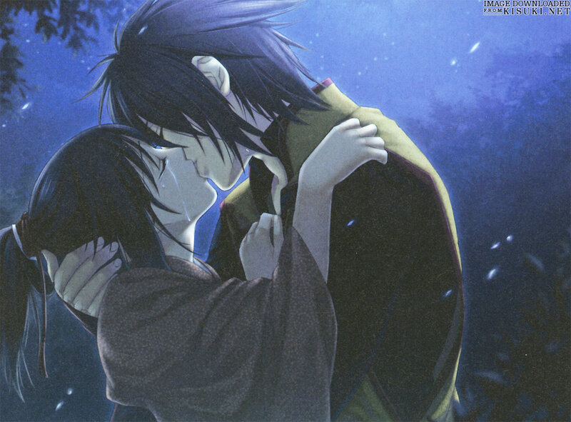 anime couple embracing at night