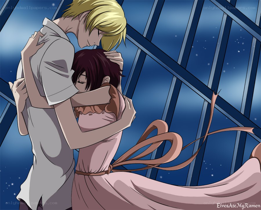 anime couple embracing at night