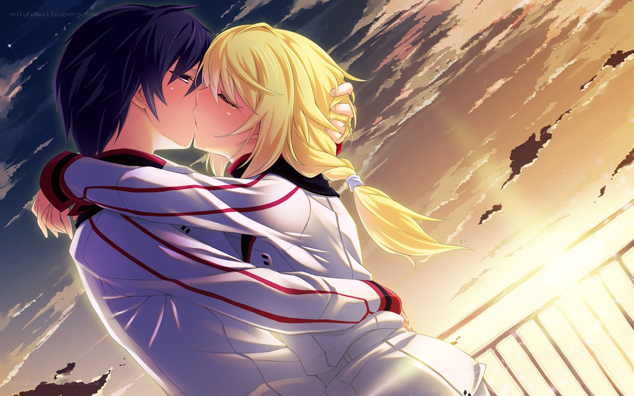 anime couple embracing at sunset