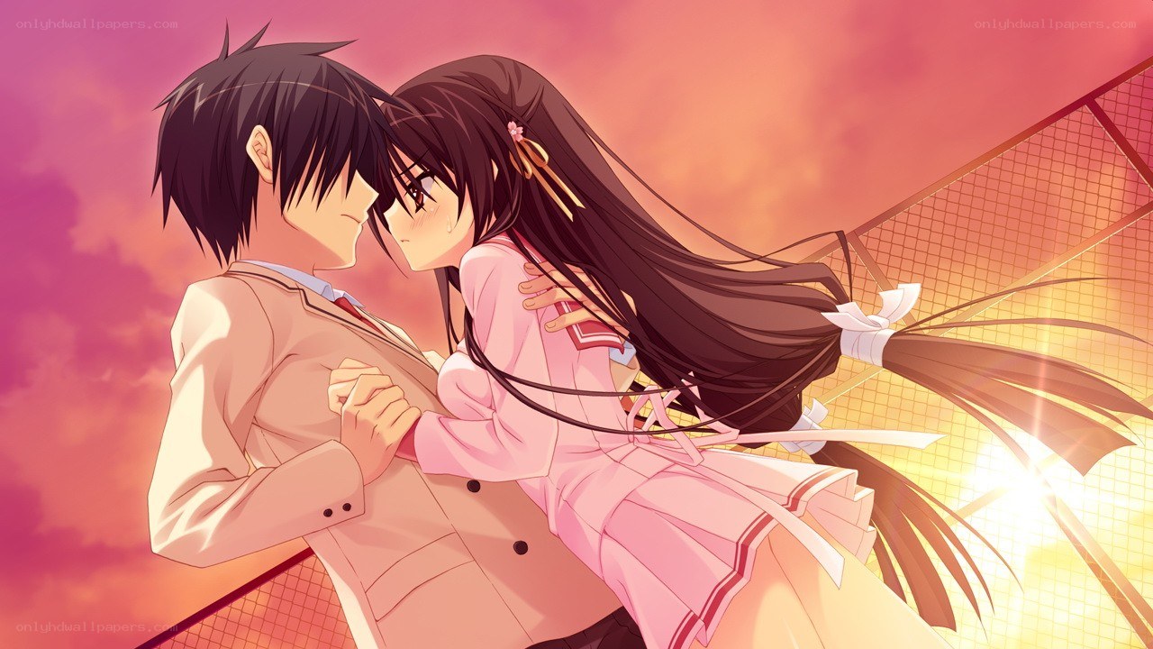anime couple embracing at sunset