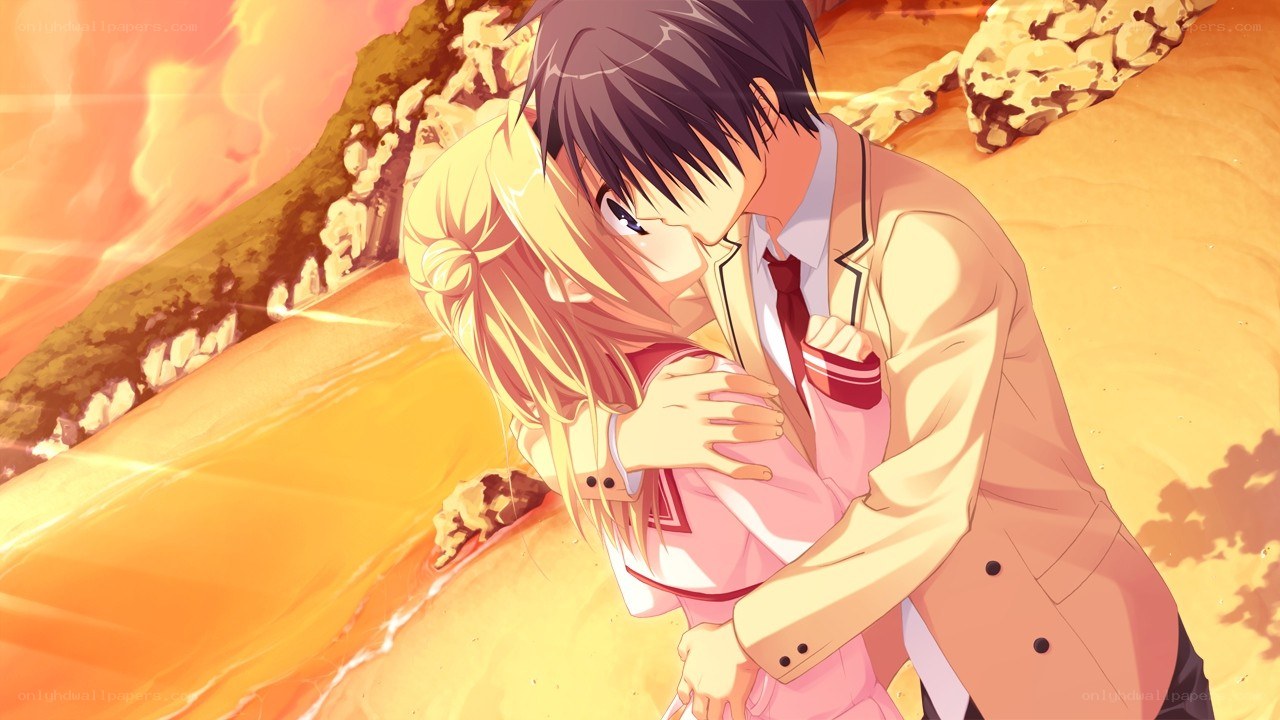 anime couple embracing at sunset