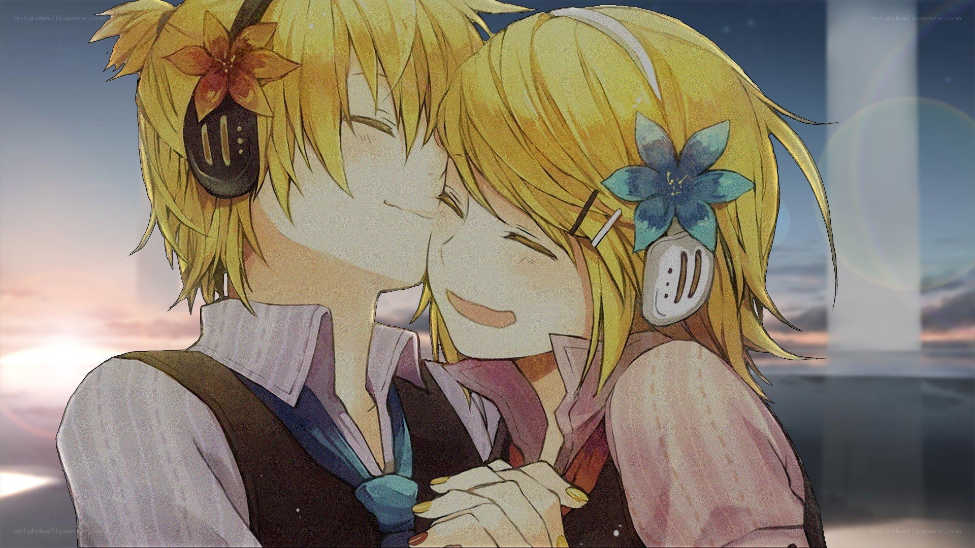 Anime couple embracing at sunset