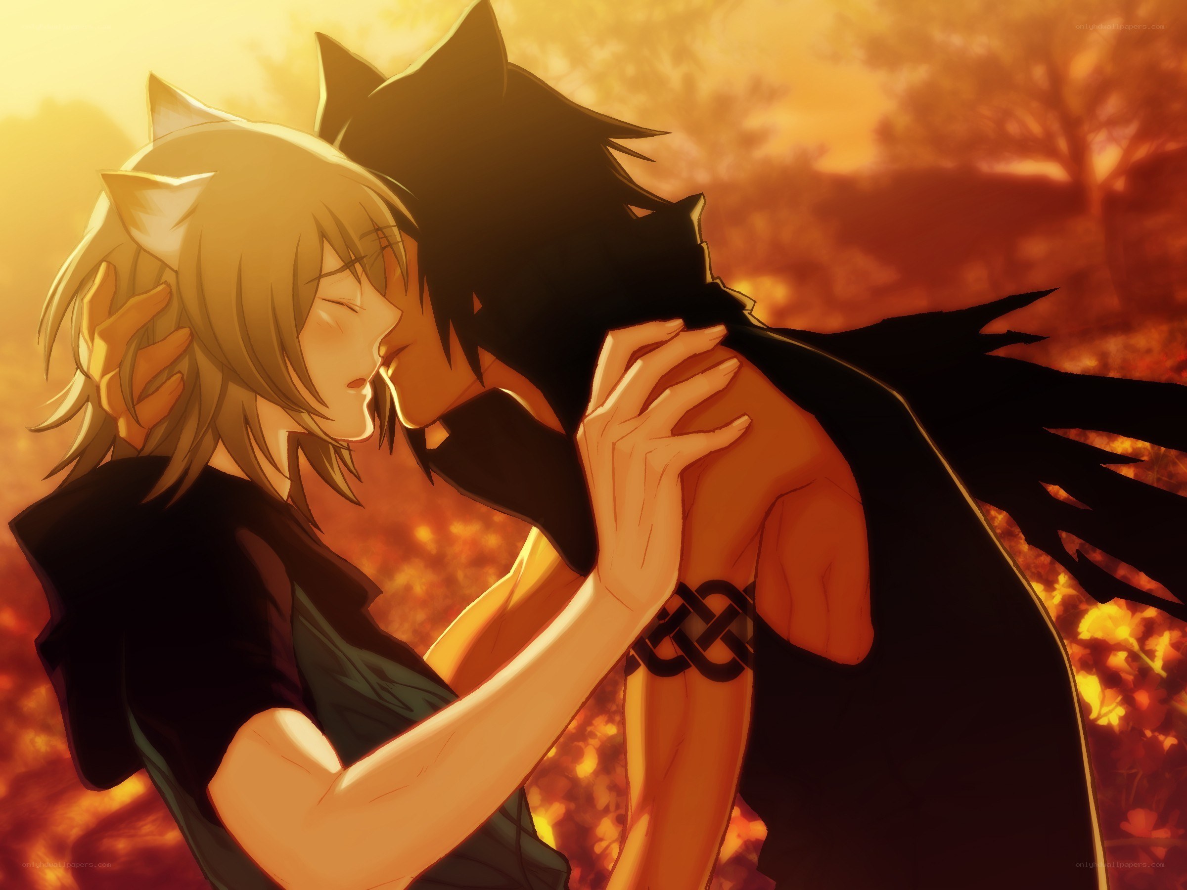 anime couple embracing at sunset