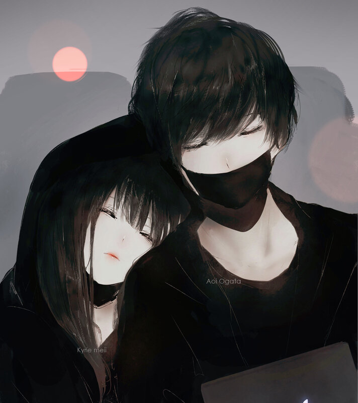 Anime Couple Embracing — Black, Calm
