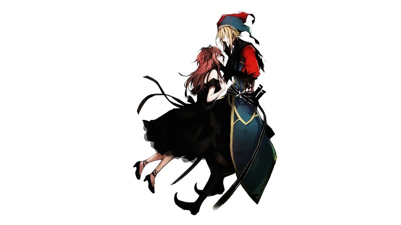 Anime Couple Embracing — Black, Dramatic, Sword, Hat