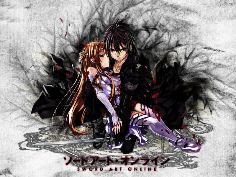 Anime Couple Embracing — Black, Dramatic, Sword