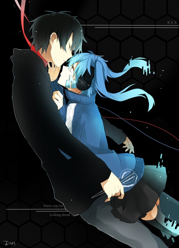 Anime Couple Embracing — Black, Intimate, Digital Art