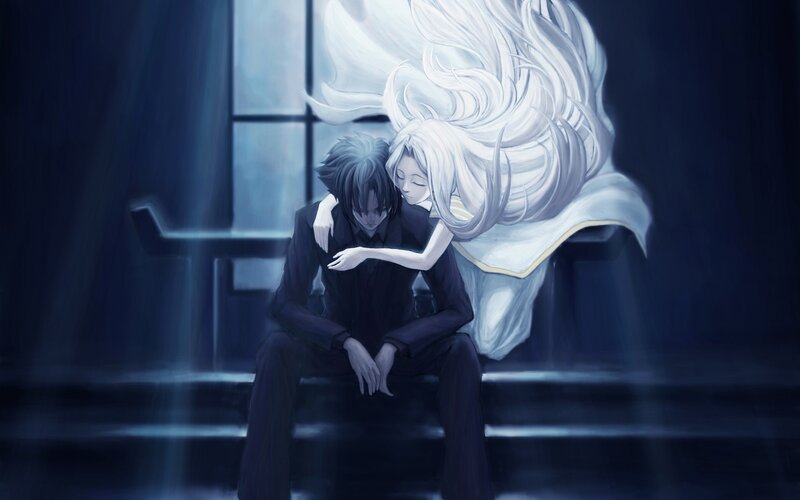 Anime Couple Embracing — Blue, Dramatic, Night