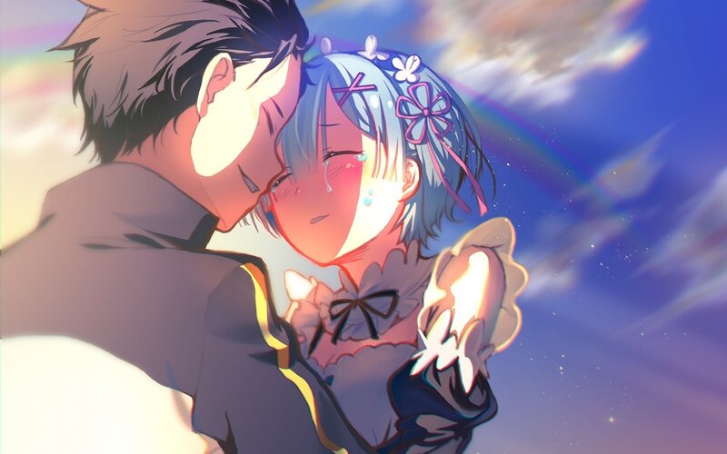Anime Couple Embracing — Blue, Dramatic, Sunset