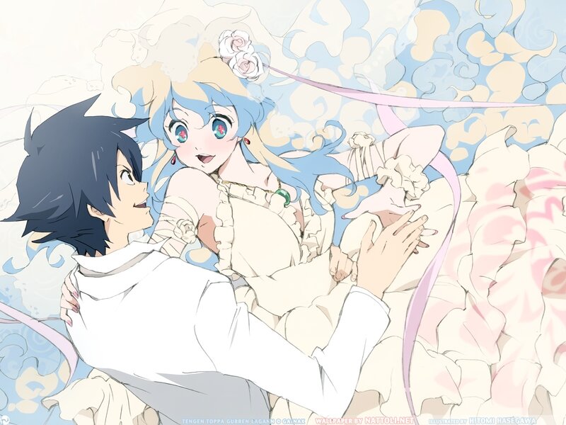 Anime Couple Embracing — Blue, Dreamy, Flowers