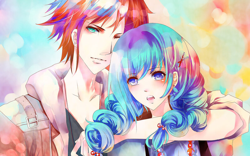 Anime Couple Embracing — Blue, Dreamy