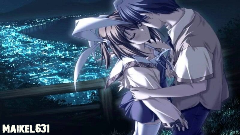 Anime Couple Embracing — Blue, Romantic, Night, City Lights