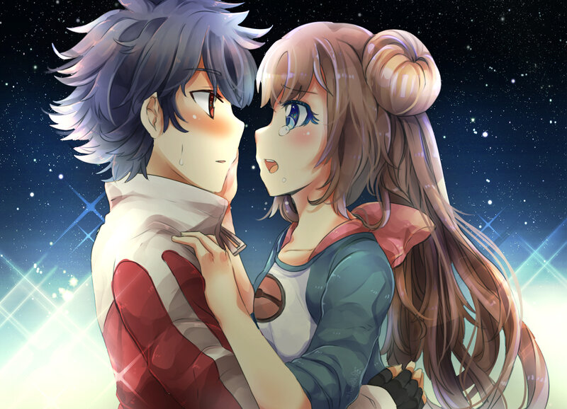 Anime Couple Embracing — Blue, Romantic, Night, Digital Art