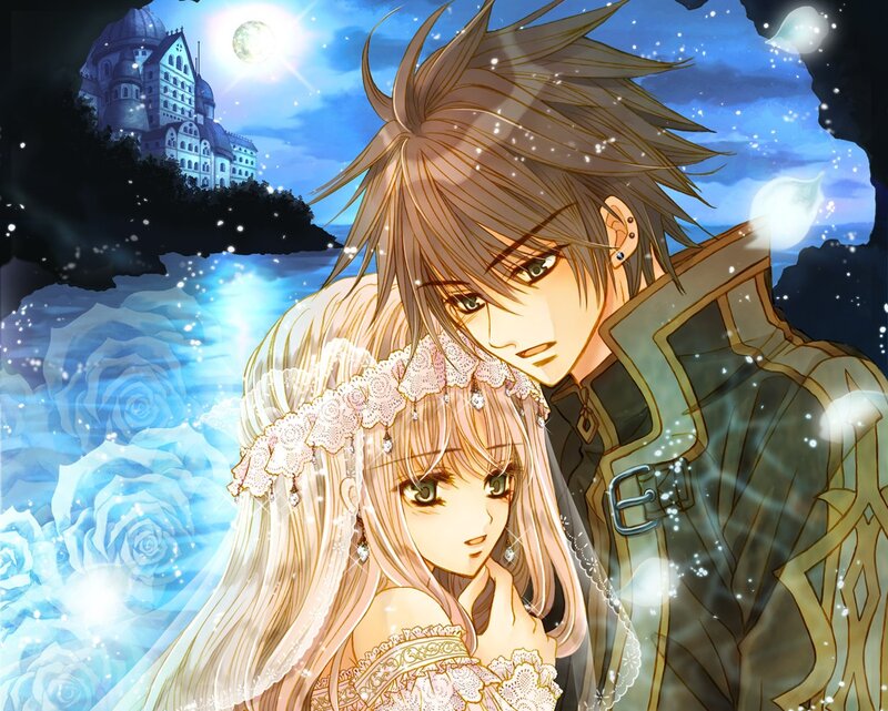 Anime Couple Embracing — Blue, Romantic, Night, Manga