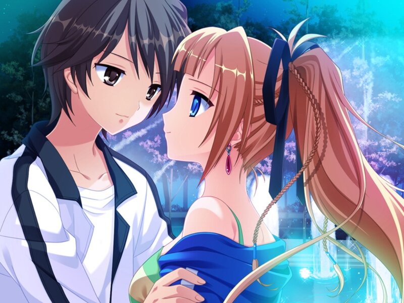 Anime Couple Embracing — Blue, Romantic, Night, Trees