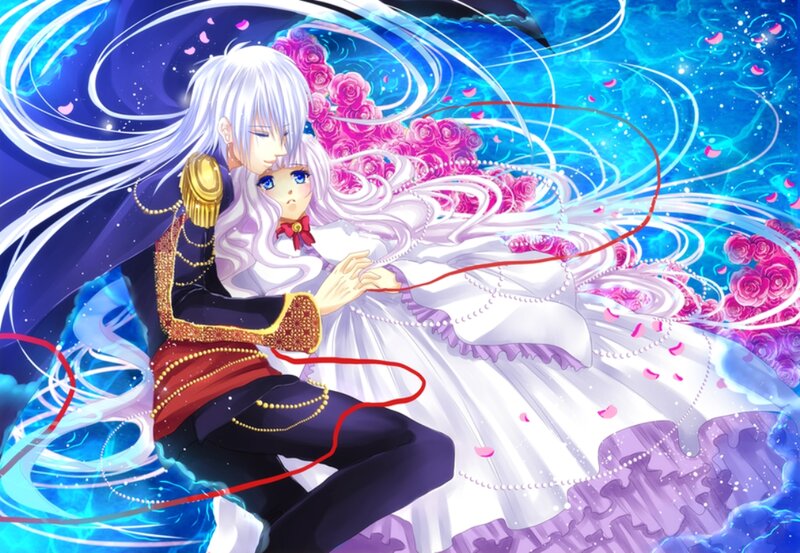 Anime Couple Embracing — Blue, Romantic, Roses