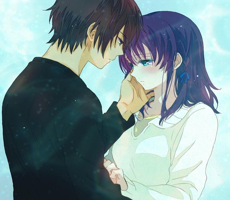Anime Couple Embracing — Blue, Romantic, Winter