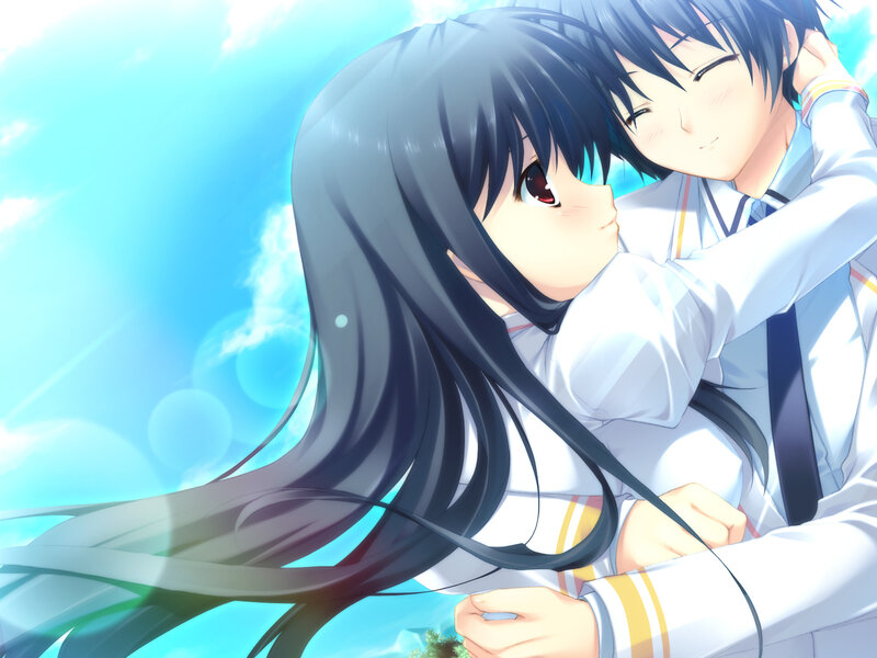Anime Couple Embracing — Blue, Serene