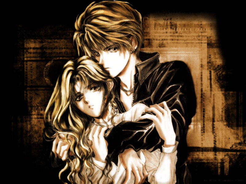 Anime Couple Embracing — Brown, Dramatic, Manga