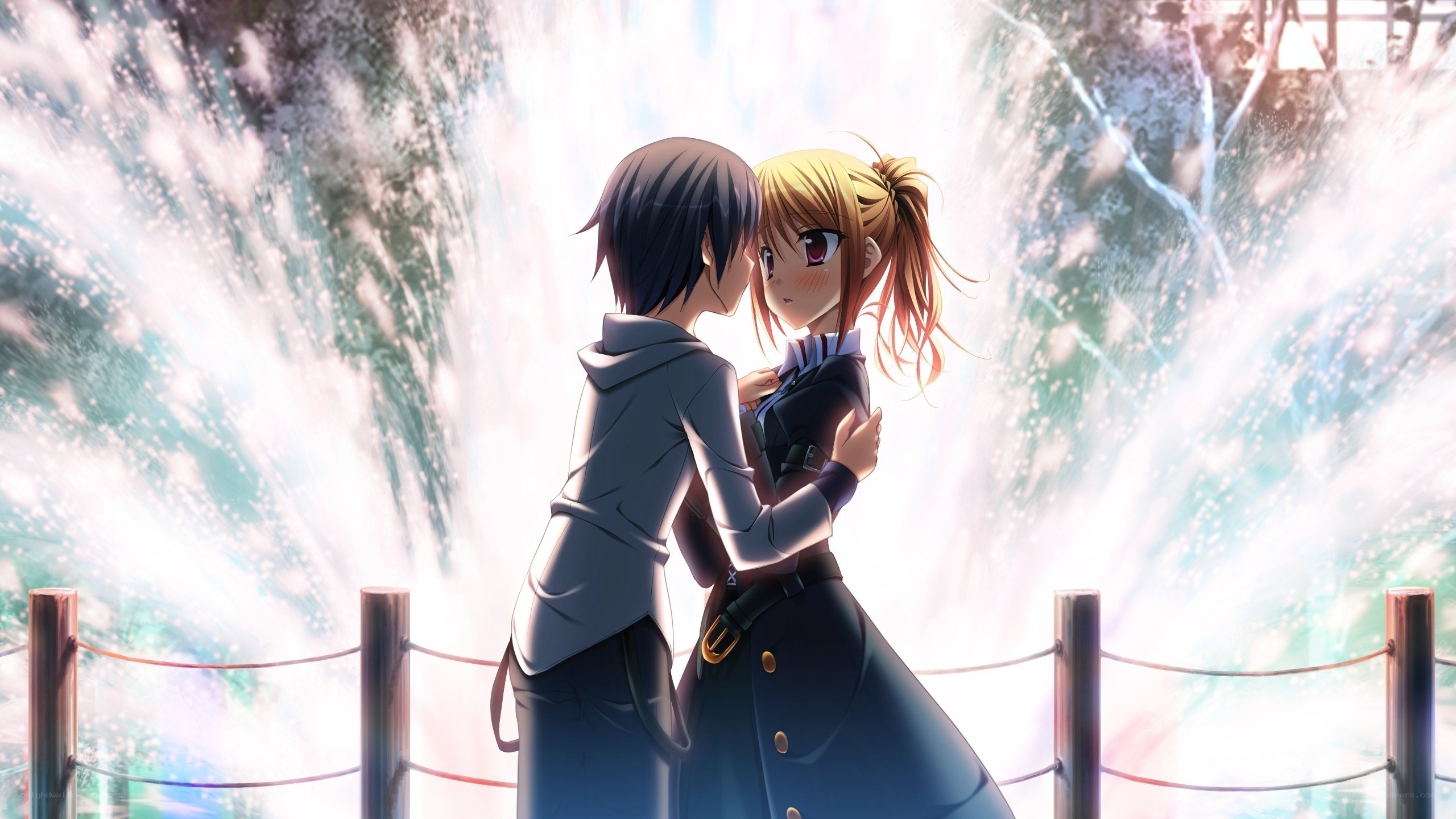 anime couple embracing by waterfall