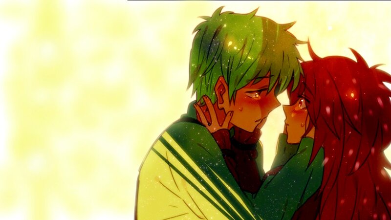 Anime Couple Embracing — Green, Romantic, Embrace