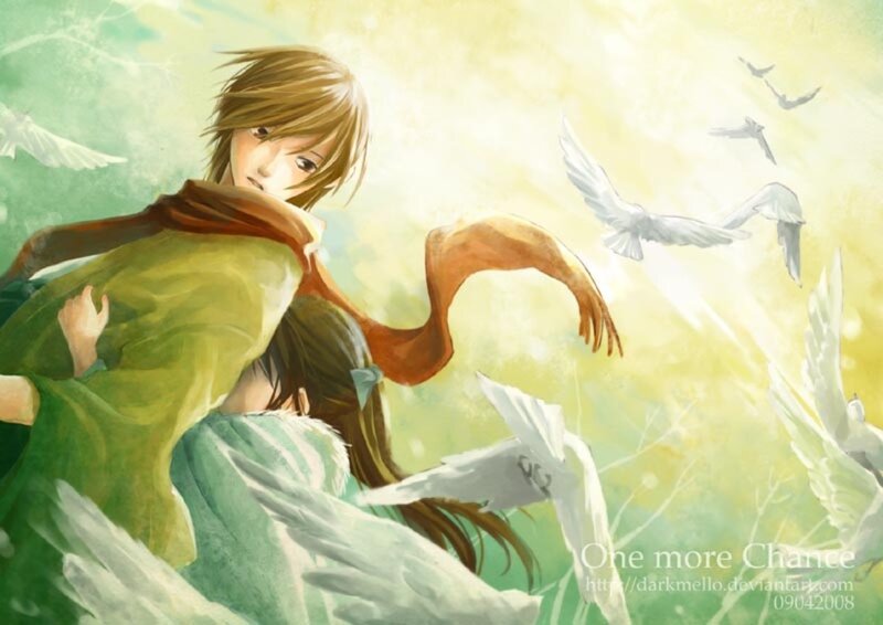 Anime Couple Embracing — Green, Serene, Morning