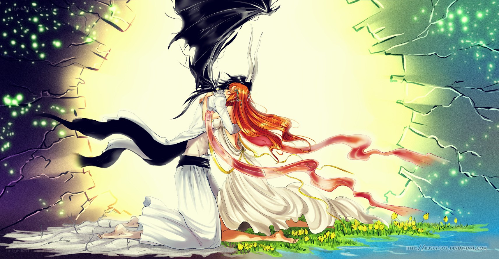 anime couple embracing in light