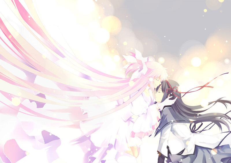 anime couple embracing in light
