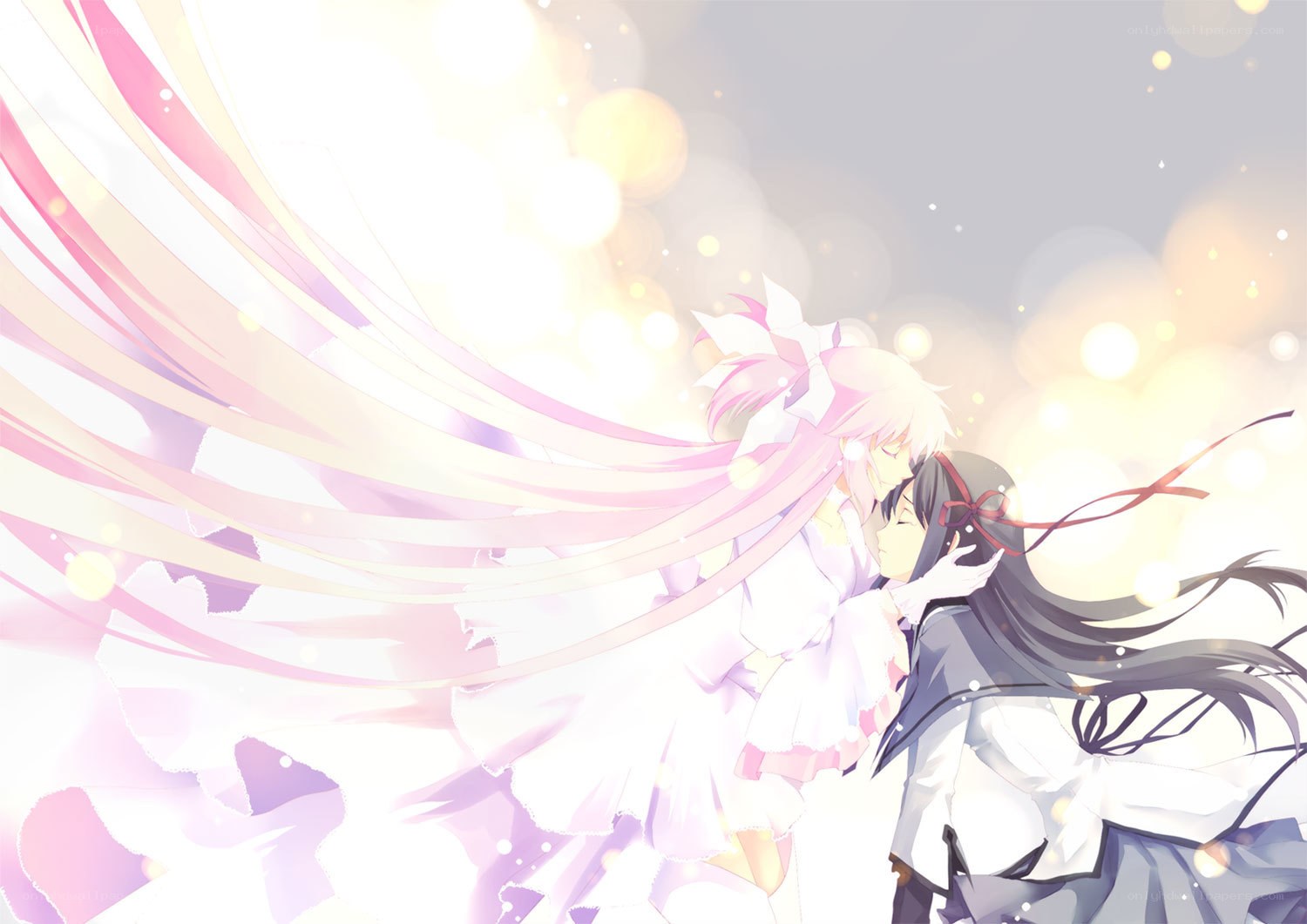 anime couple embracing in light