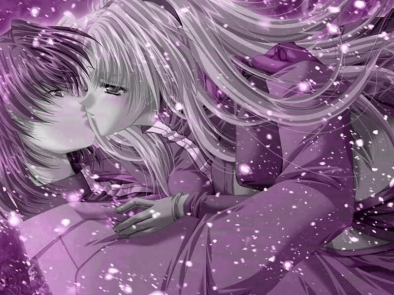 anime couple embracing in purple light