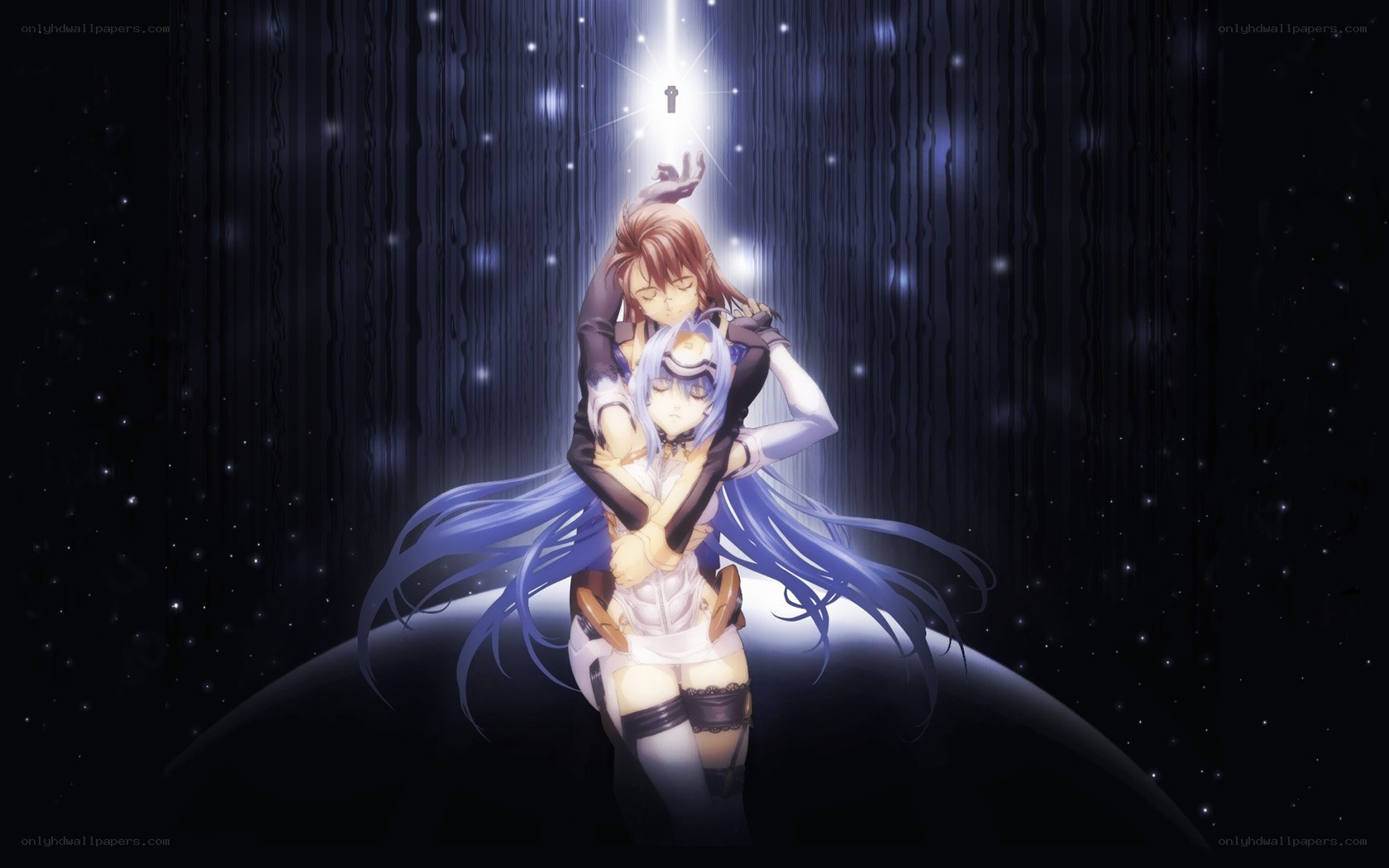 Anime couple embracing in space