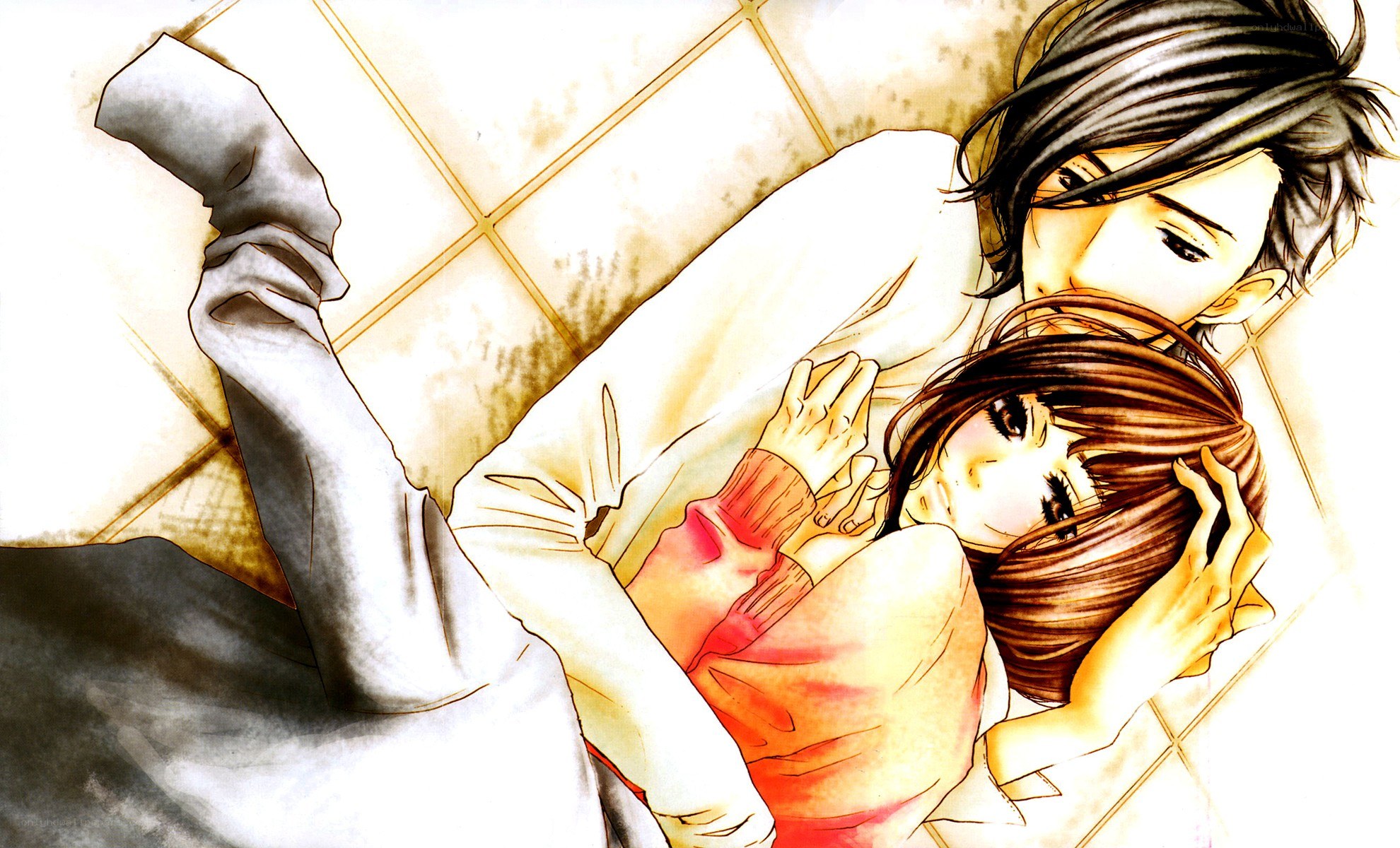 Anime couple embracing on floor