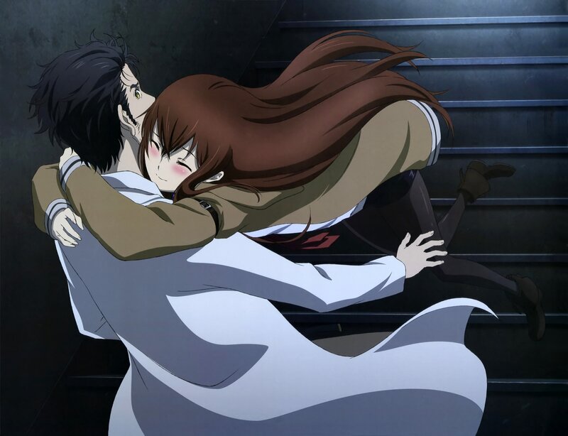 anime couple embracing on stairs