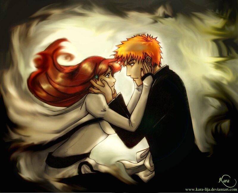 Anime Couple Embracing — Orange, Dramatic, Digital Art