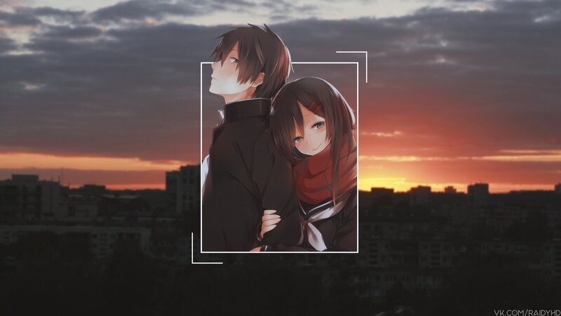 Anime Couple Embracing — Orange, Dramatic, Sunset, Digital Art
