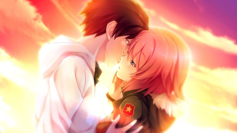 Anime Couple Embracing — Orange, Dramatic, Sunset