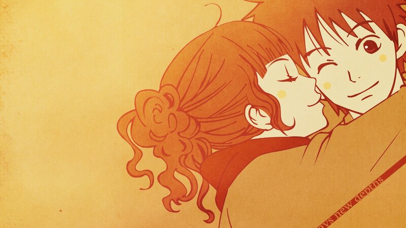 Anime Couple Embracing — Orange, Intimate