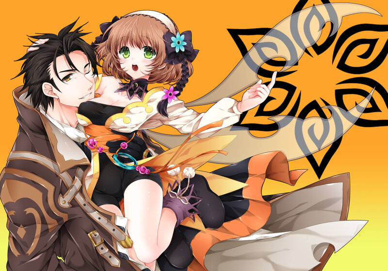 Anime Couple Embracing — Orange, Playful