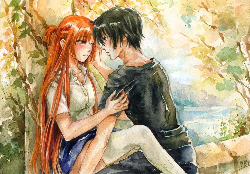 Anime Couple Embracing — Orange, Serene