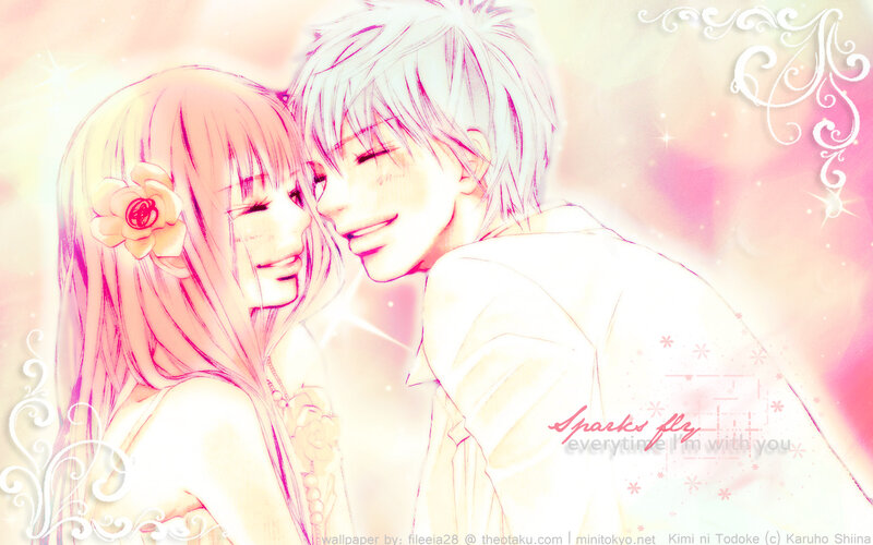 Anime Couple Embracing — Pink, Romantic, Flower in Hair