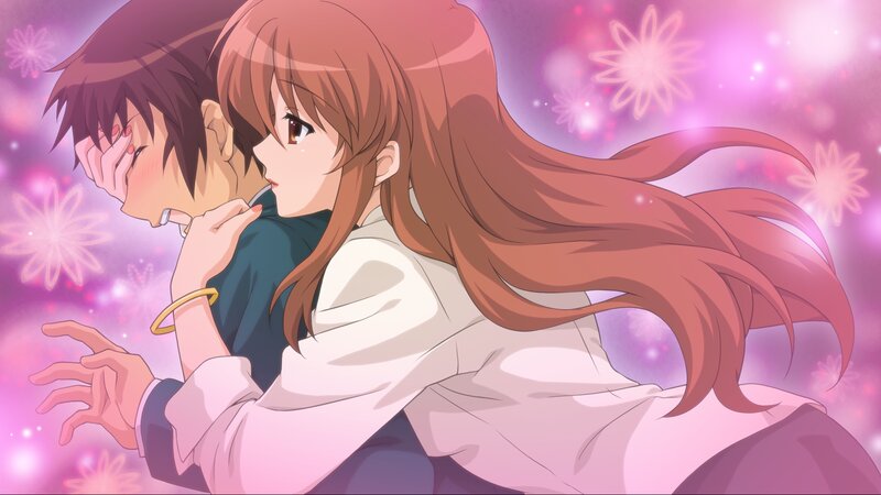 Anime Couple Embracing — Pink, Romantic, Night, Fireworks
