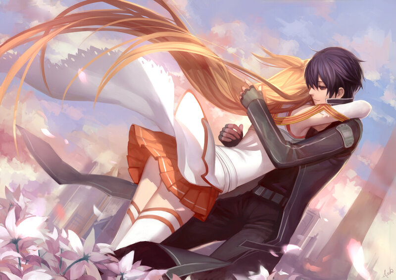 Anime Couple Embracing — Pink, Romantic, Spring, Digital Art