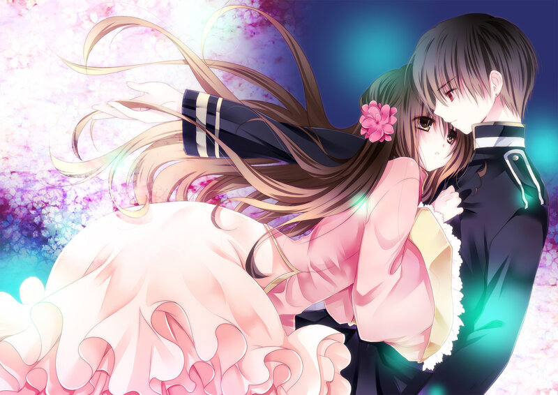 Anime Couple Embracing — Pink, Romantic, Spring