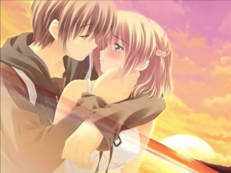 Anime Couple Embracing — Pink, Romantic, Sunset, Sky